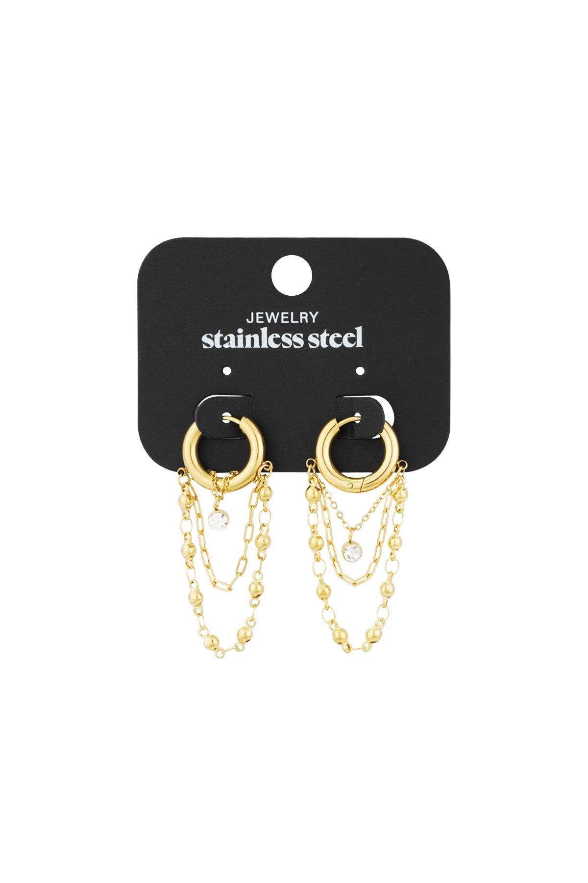 Gold chained hoop drop earrings displayed on a black stainless steel jewellery card