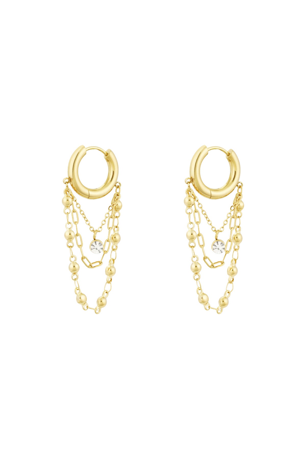 Gold chained hoop drop earrings with three delicate chains and rhinestone charm on white background
