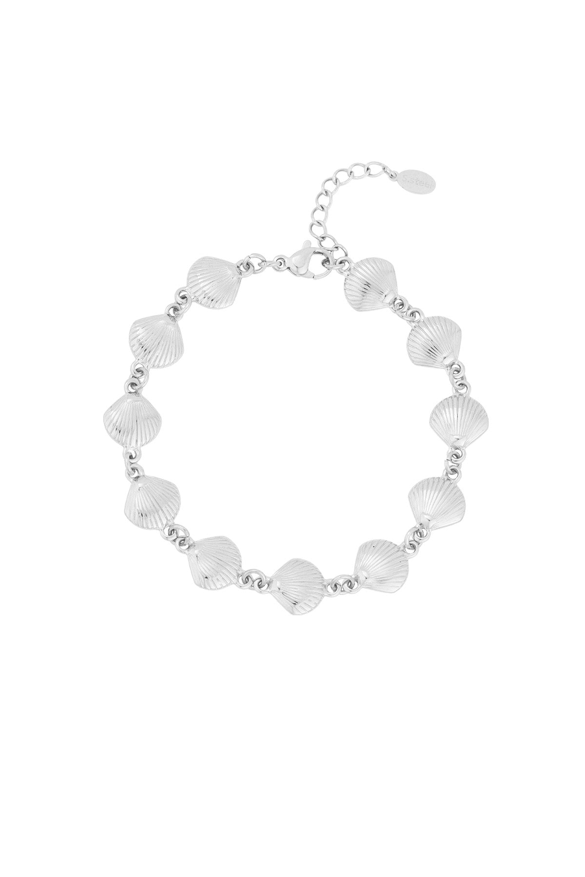 Silver version of the seashell charm bracelet with linked shell charms and adjustable clasp isolated on white background.