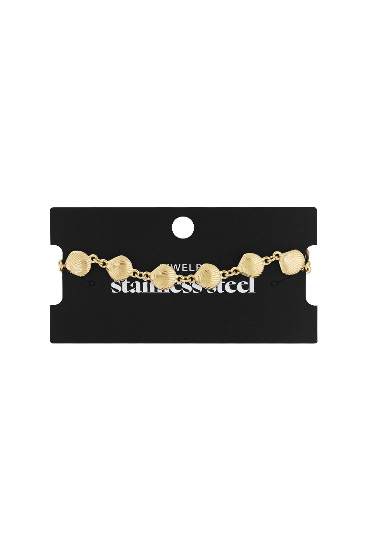 Gold seashell charm bracelet displayed on black jewelry card with white text, showing stainless steel material.