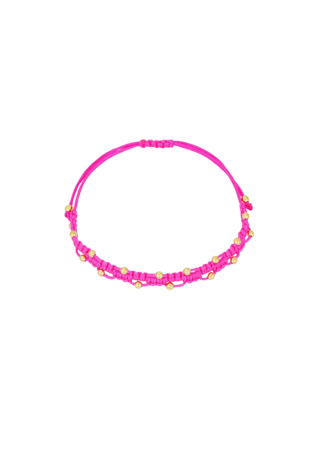 Close-up of bright pink braided bead bracelet on white background