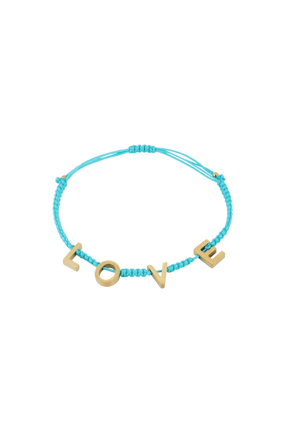 Turquoise braided LOVE bracelet with gold-tone metal letters photographed on white background