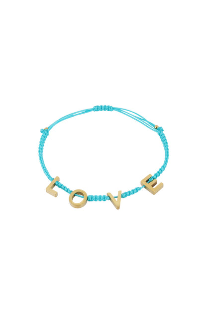 Turquoise braided LOVE bracelet with gold-tone metal letters photographed on white background
