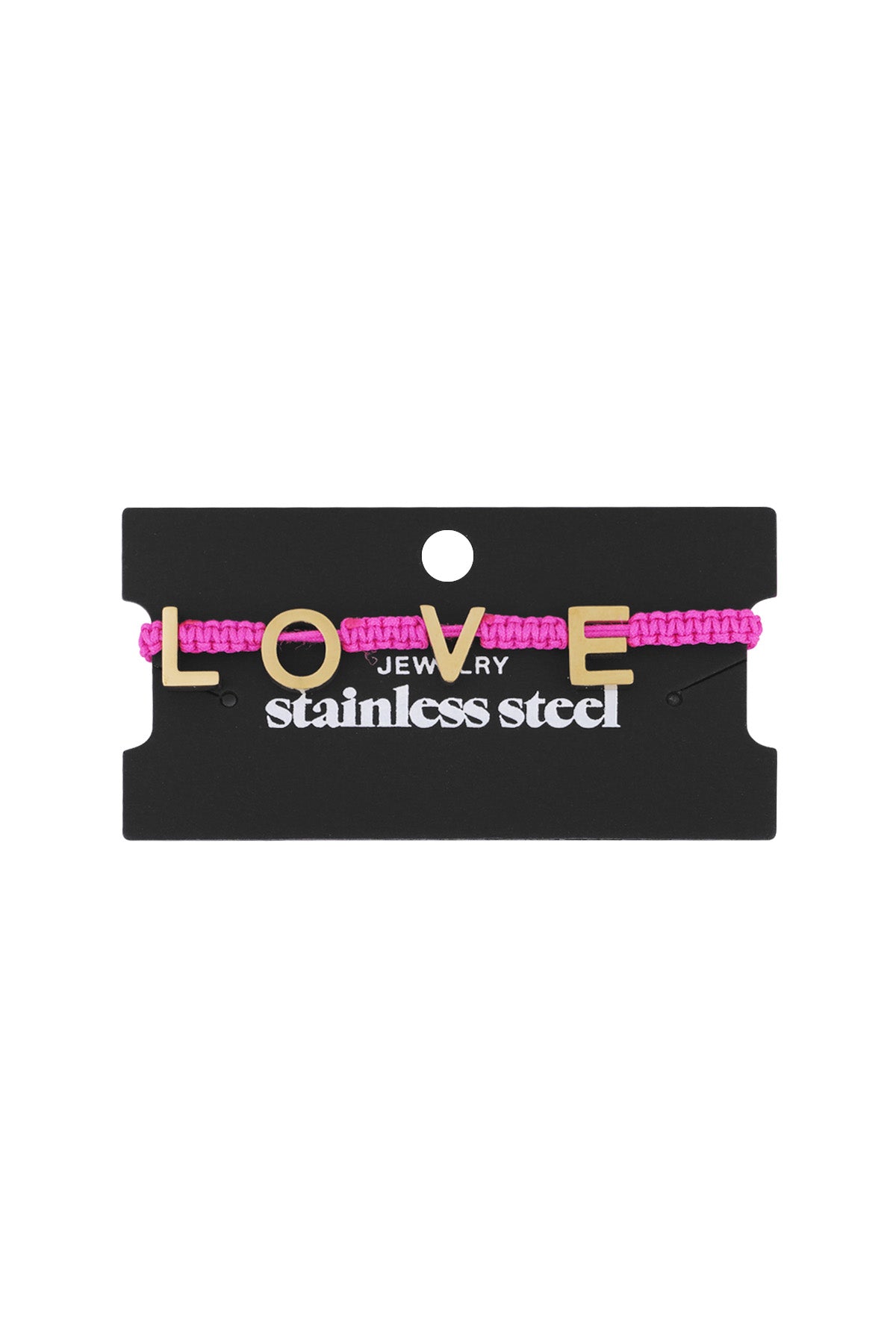Packaged fuchsia pink LOVE charm bracelet displayed on a black card with stainless steel jewelry label