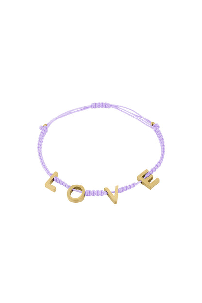 Lavender braided LOVE bracelet with shiny gold-tone letters shown isolated on white