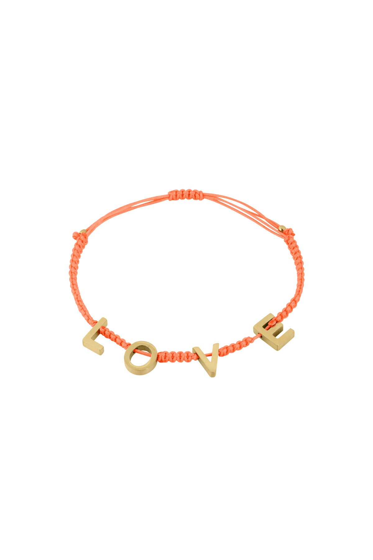 Coral orange braided LOVE bracelet with polished gold letters shown against white background