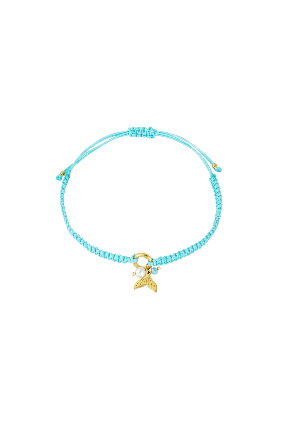 Bright turquoise braided bracelet with mermaid charm and pearl bead on white background