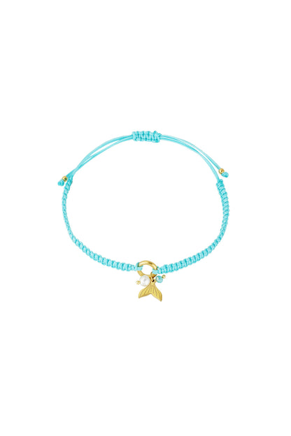 Bright turquoise braided bracelet with mermaid charm and pearl bead on white background