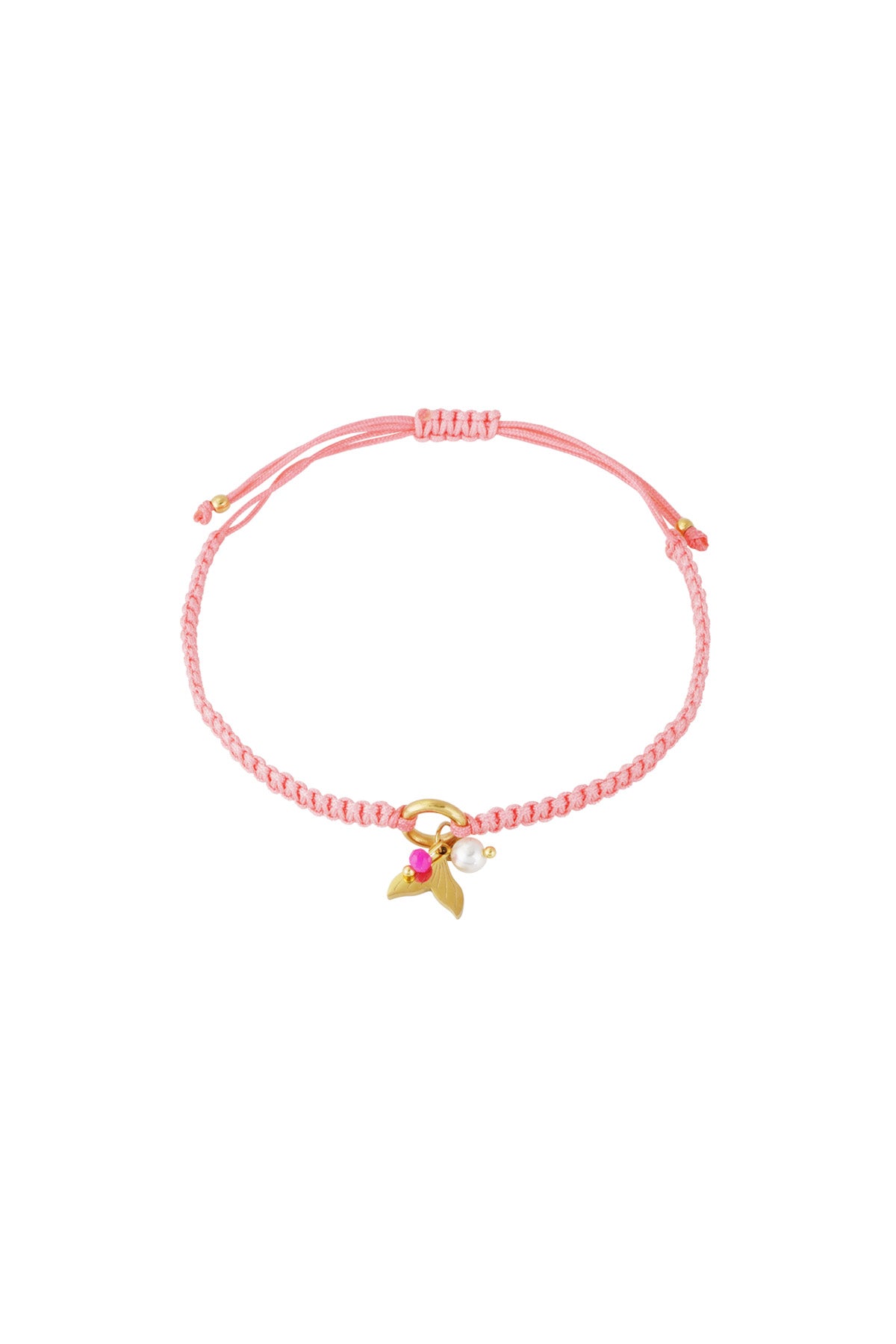 Soft pink braided bracelet with gold mermaid charm, pearl, and colorful bead on white background