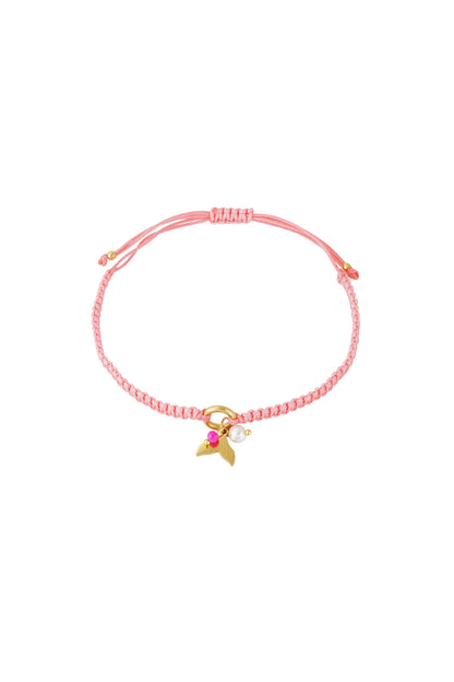 Soft pink braided bracelet with gold mermaid charm, pearl, and colorful bead on white background