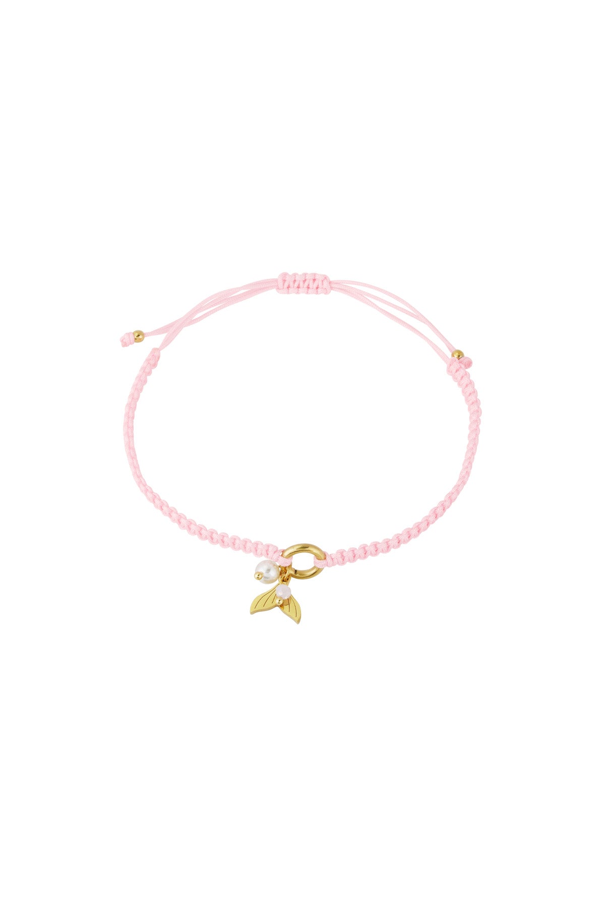 Light pink braided bracelet featuring gold mermaid tail charm and pearl bead on white background