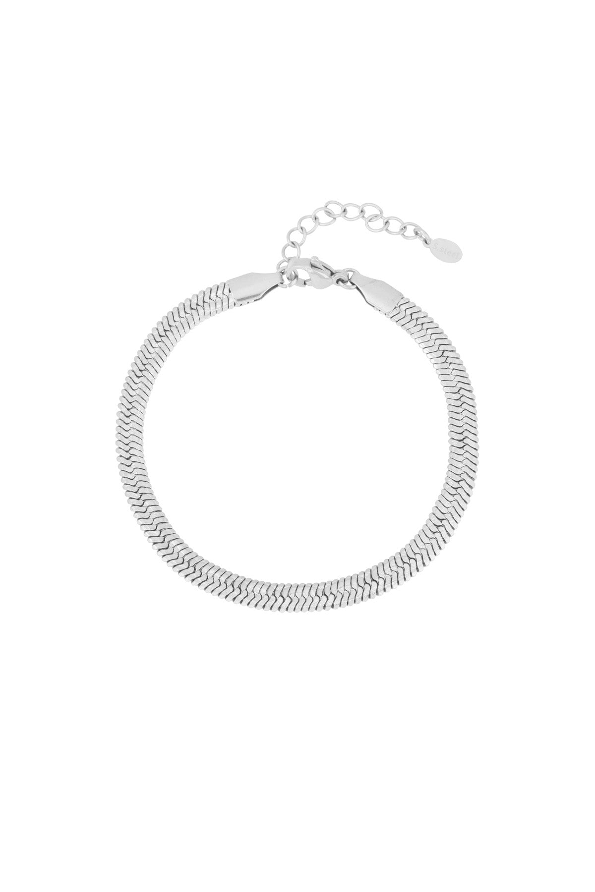 Silver-toned snake chain bracelet with adjustable clasp on white background