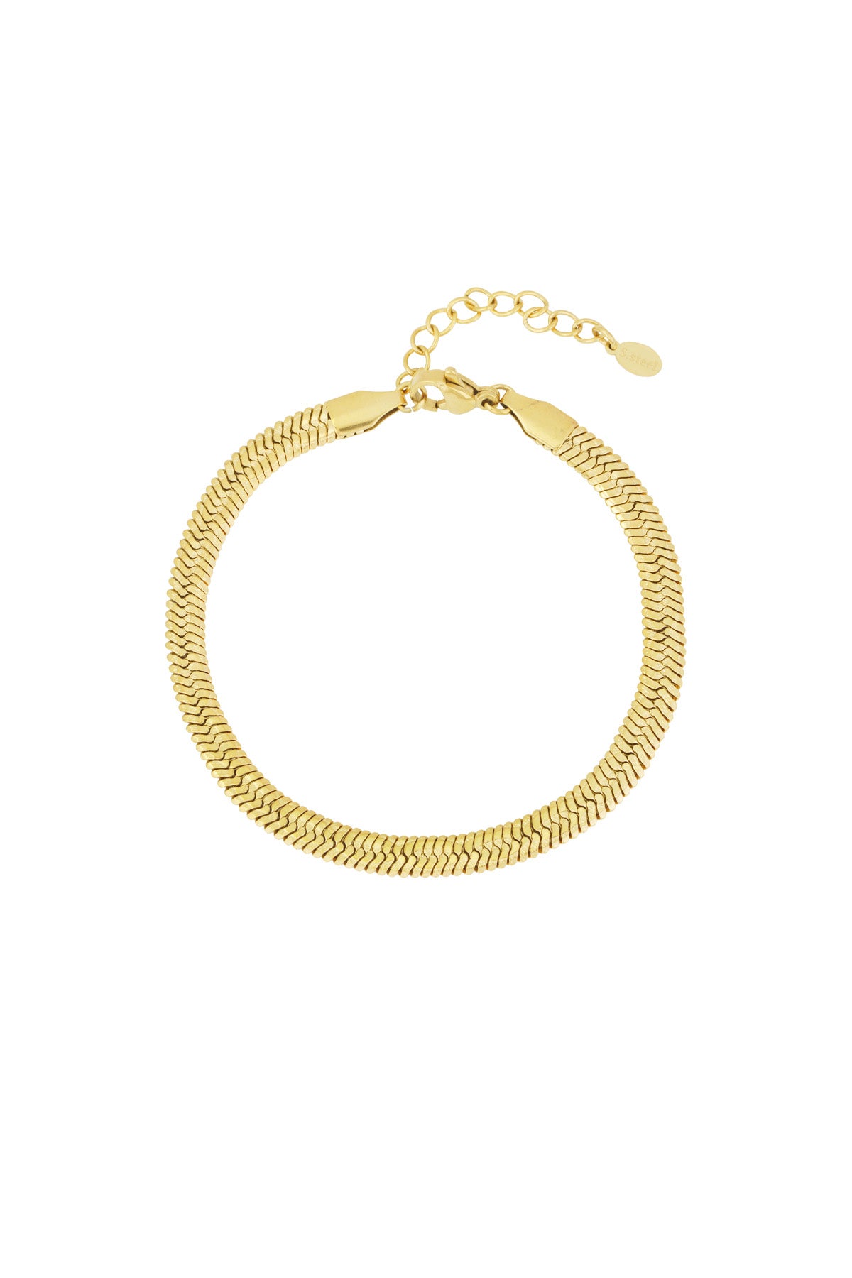 Gold-toned snake chain bracelet with adjustable clasp on white background