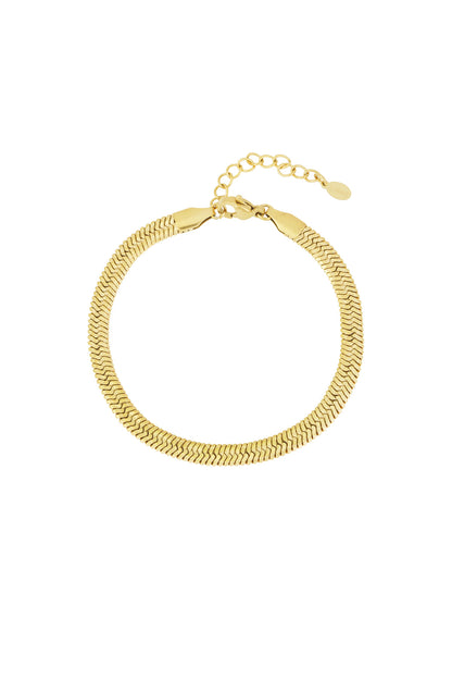 Gold-toned snake chain bracelet with adjustable clasp on white background
