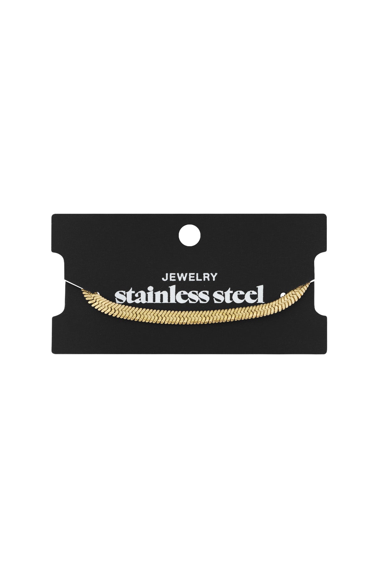 Gold snake chain bracelet displayed on black packaging card labeled stainless steel
