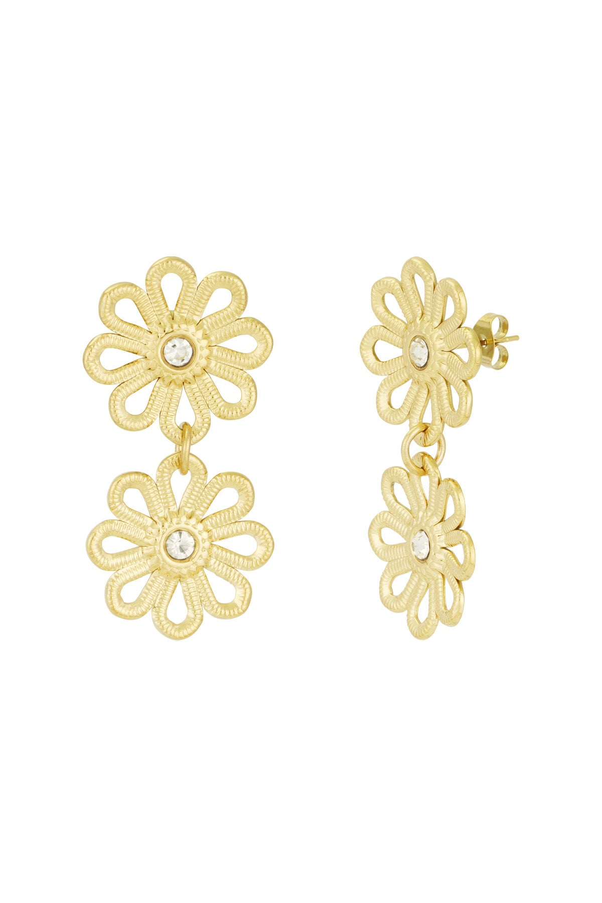Pair of gold-tone double flower drop earrings with clear crystal centers displayed against a white background