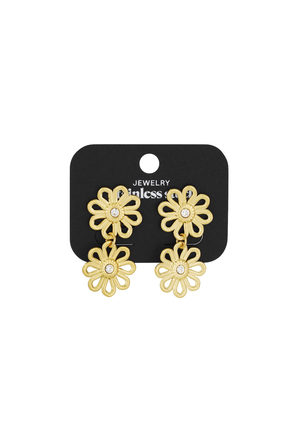 Gold flower double drop earrings with crystal centers displayed on a black card labeled 'Jewelry Stainless Steel'