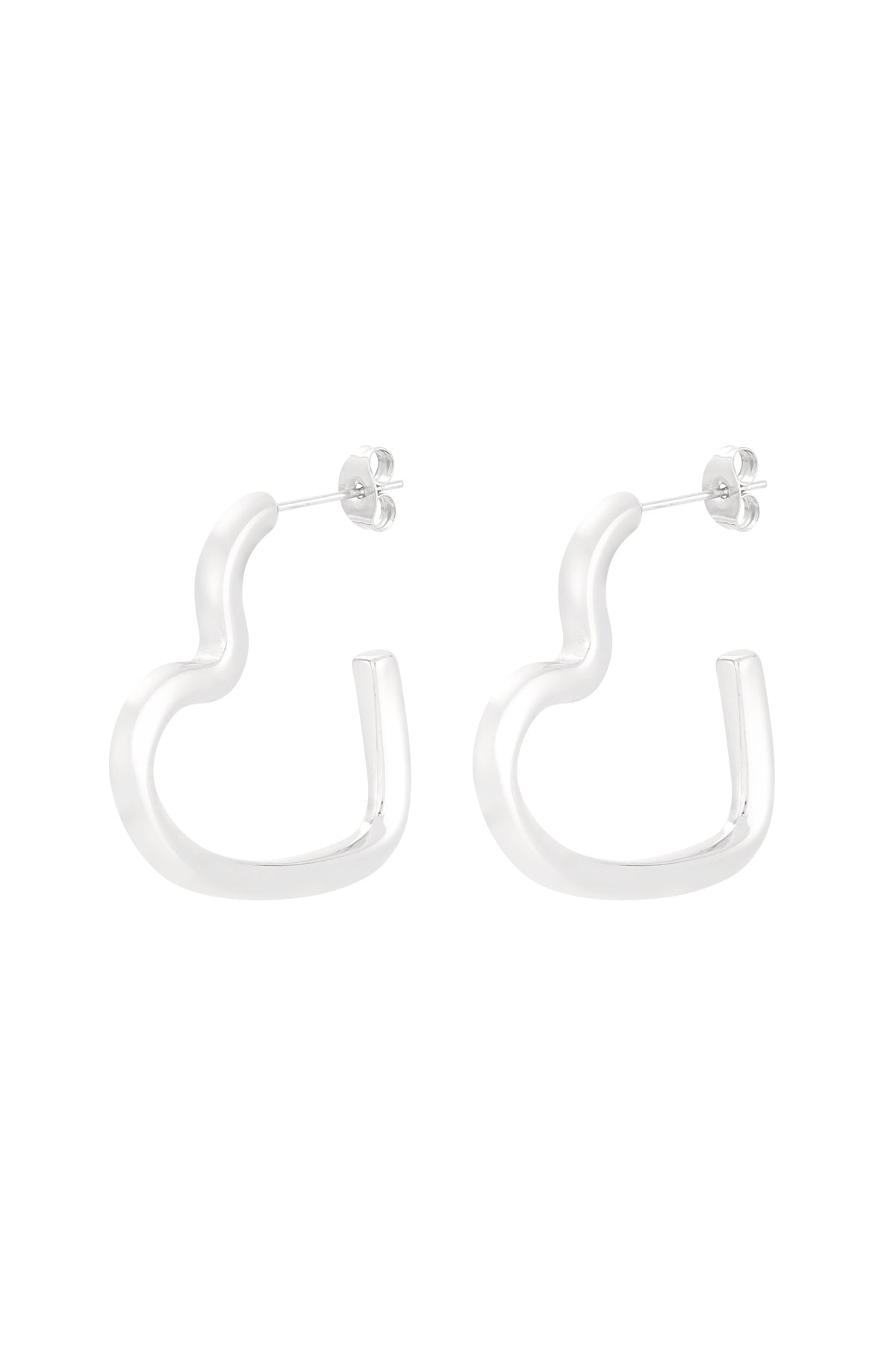 Pair of silver-toned wavy heart-shaped hoop earrings on white background