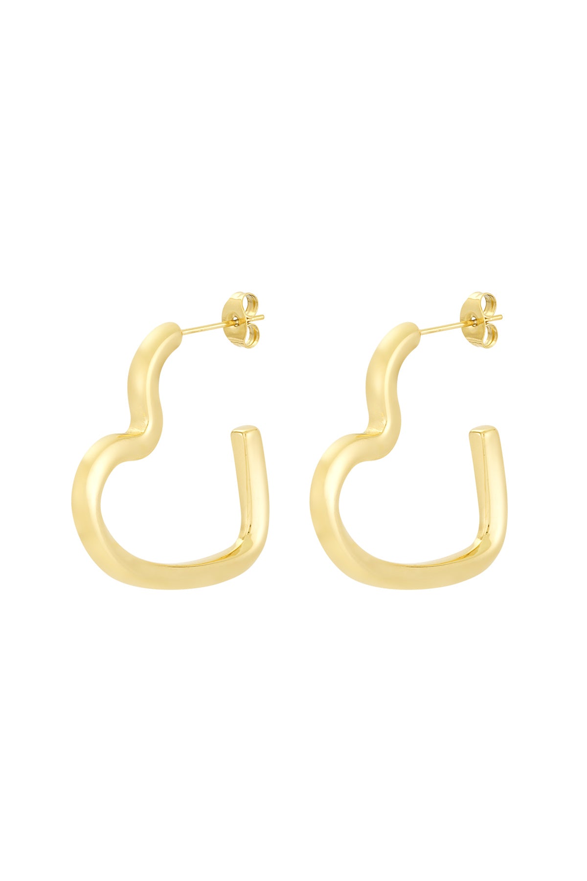Pair of gold-toned wavy heart-shaped hoop earrings on white background