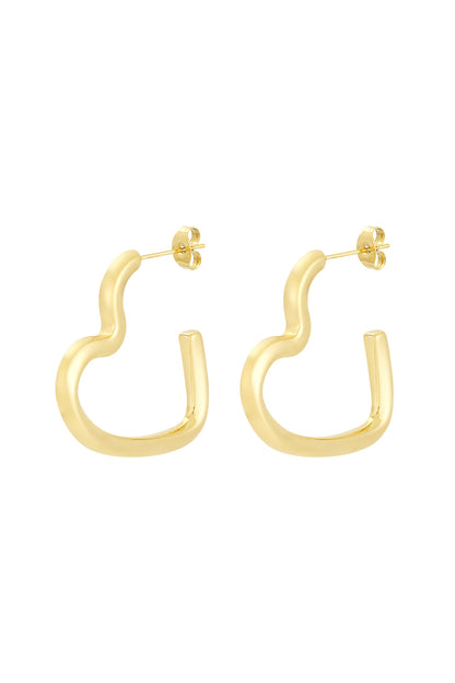 Pair of gold-toned wavy heart-shaped hoop earrings on white background