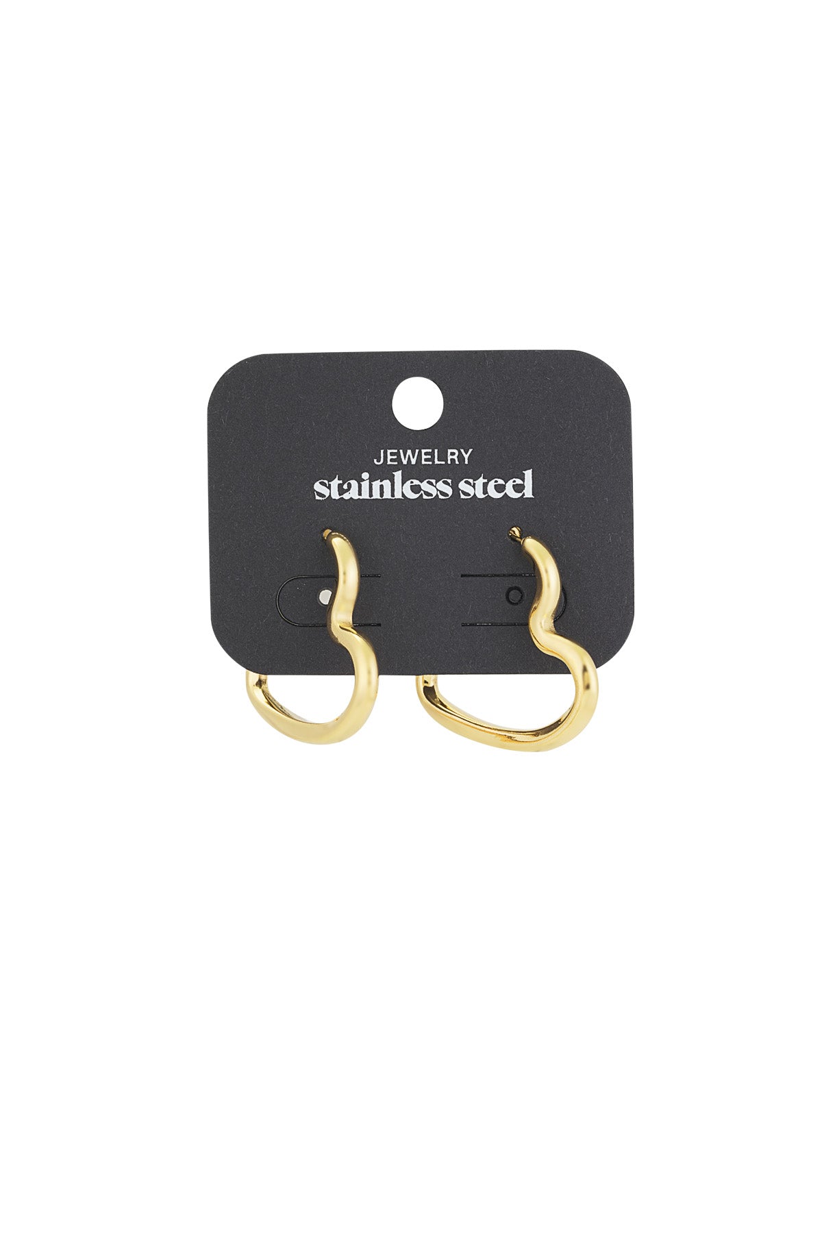 Pair of gold wavy heart hoop earrings displayed on a black card labeled stainless steel jewelry