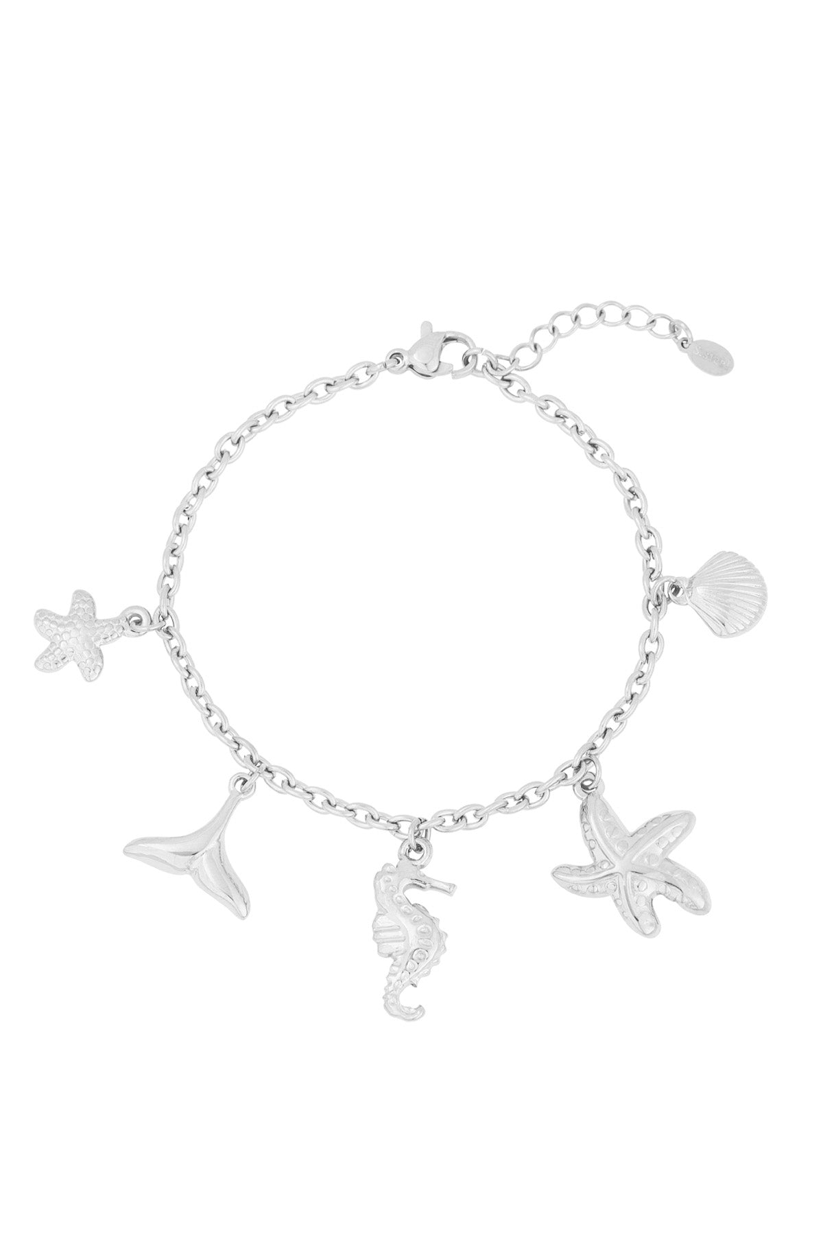 Silver-tone chain bracelet with ocean-themed charms including starfish, whale tail, seahorse, and shell on white background