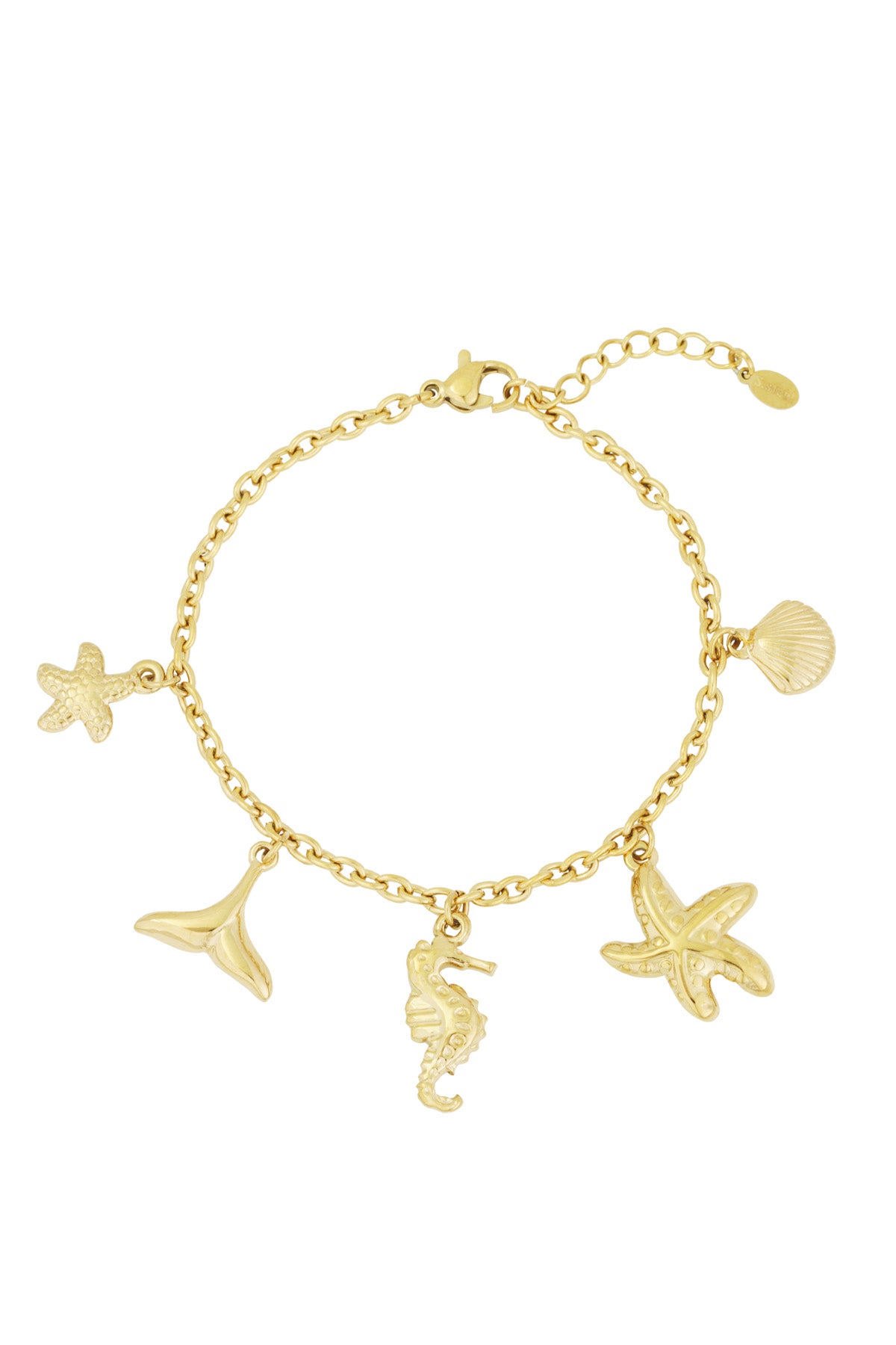 Gold-tone chain bracelet with hanging ocean-themed charms including starfish, whale tail, seahorse, and shell