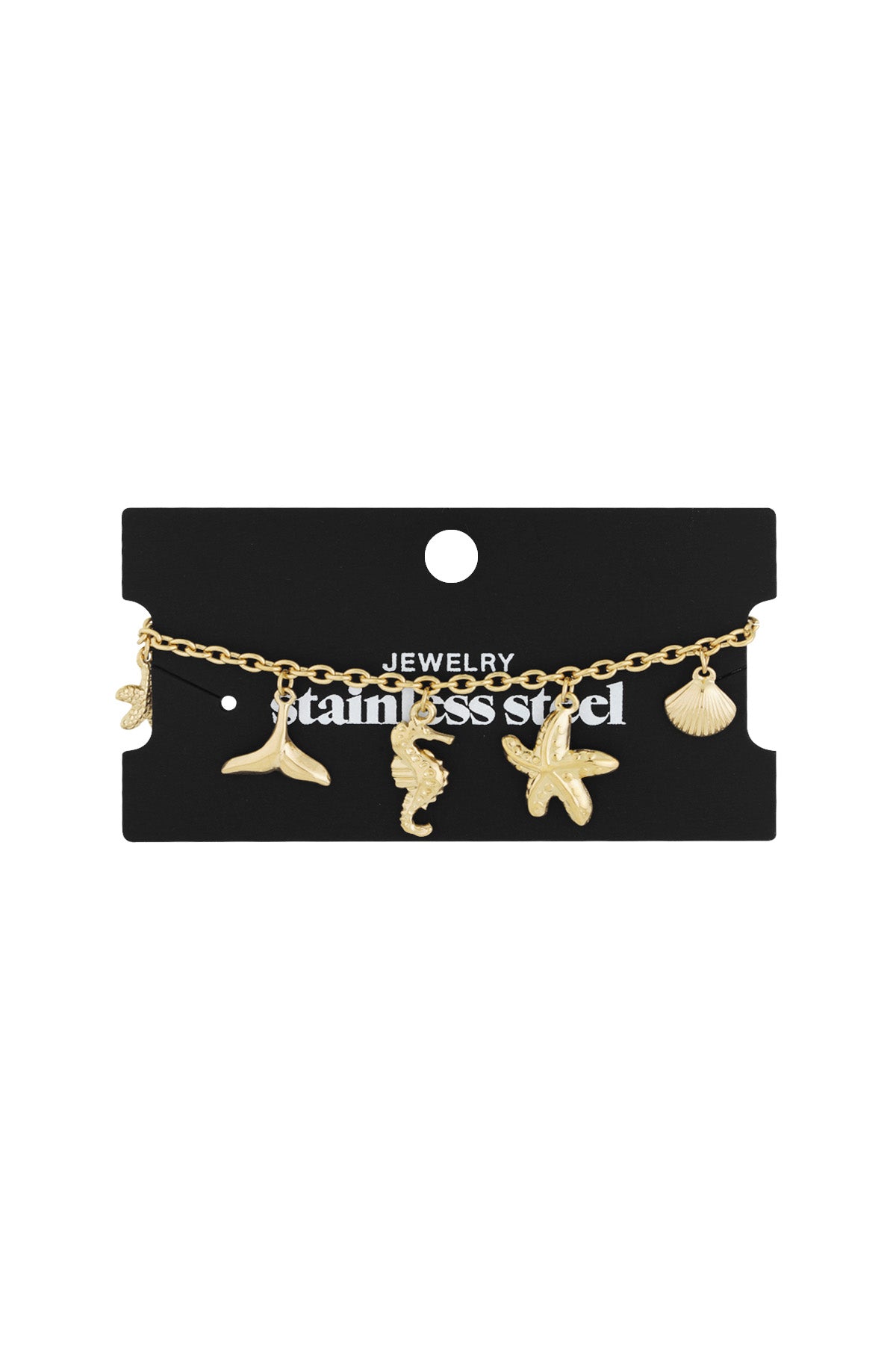 Gold-tone ocean charm bracelet displayed on retail card with stainless steel label