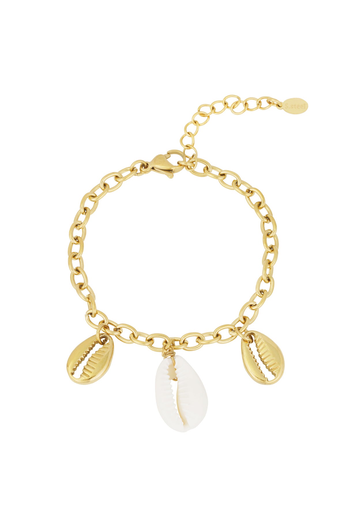 Gold chain bracelet with three shell charms: two gold-tone and one white natural shell on a white background