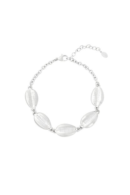 Silver-tone shell charm bracelet with adjustable lobster clasp against a white background, showing polished shells and fine chain design