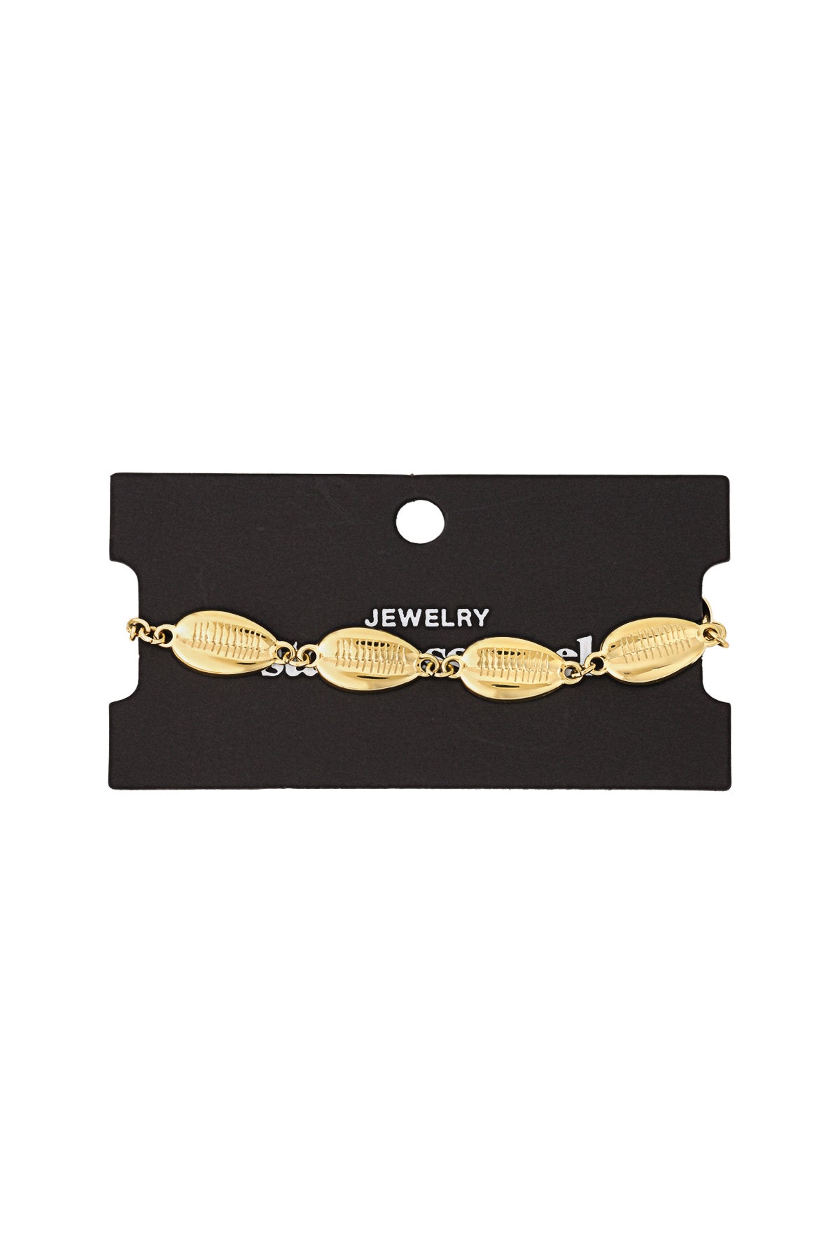 Gold shell charm bracelet displayed on a black jewellery card highlighting polished finish and shell details