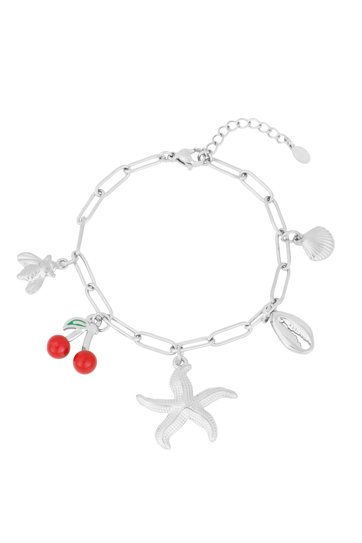 Silver charm bracelet with the same beach-themed charms displayed on a white background