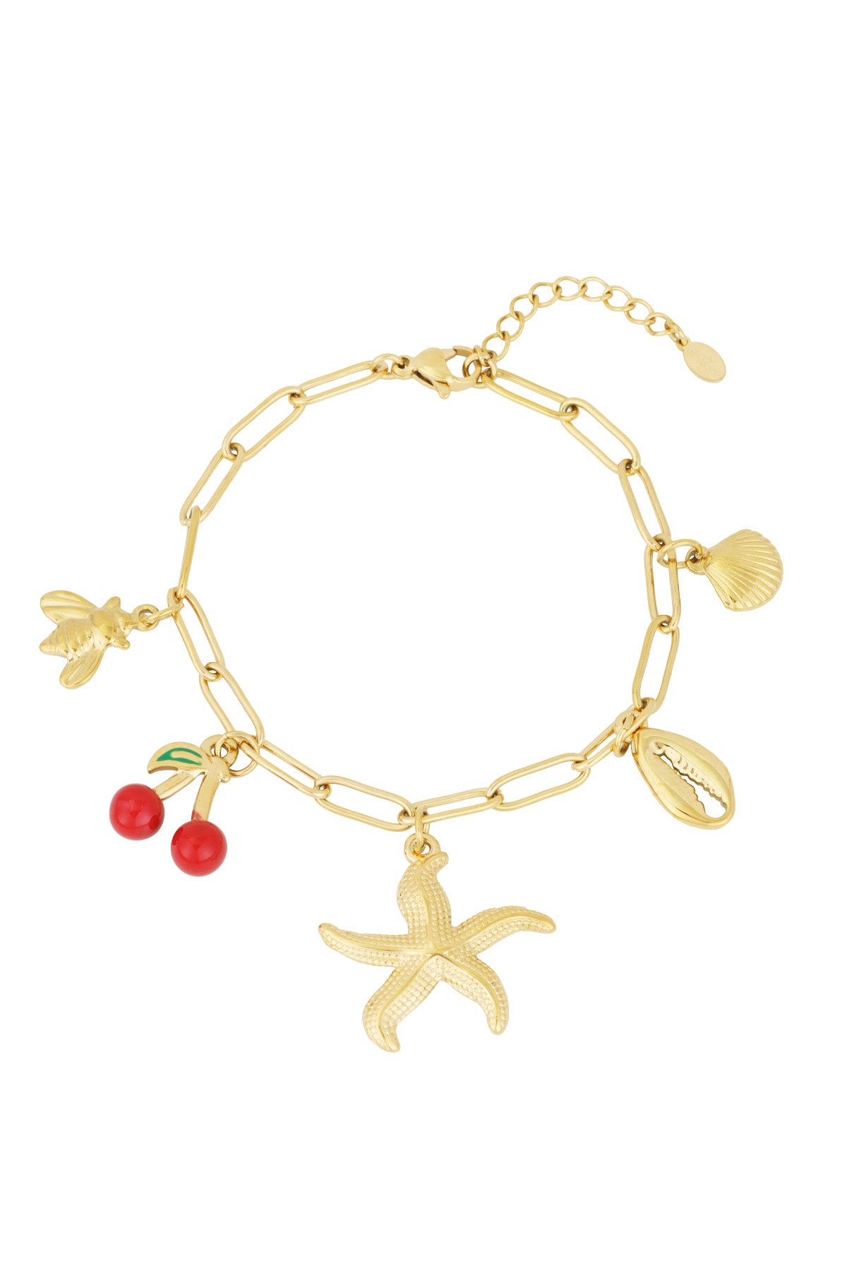 Gold charm bracelet with chain links and beach-themed charms including starfish, bee, cherry, seashell, and cowrie shell on white background