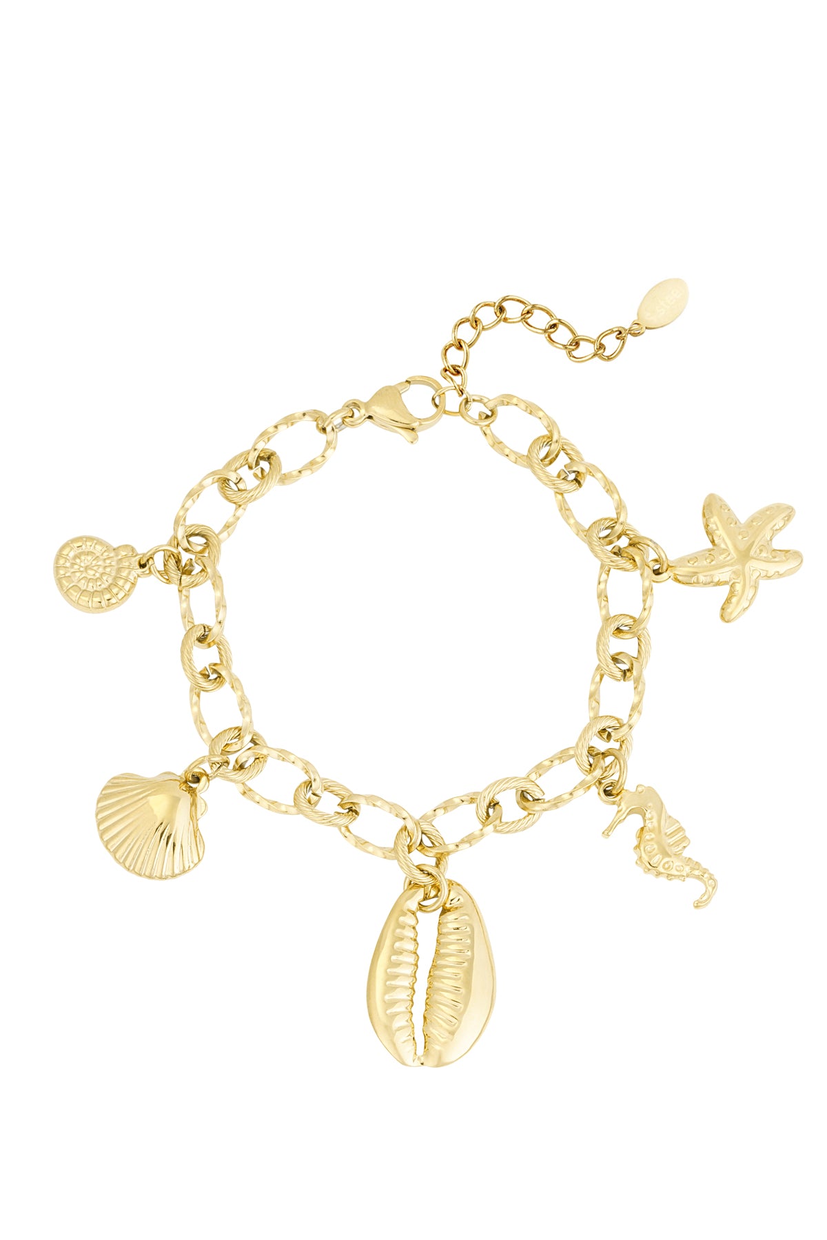 Gold-tone charm bracelet with large textured chain links and sea-themed charms including starfish, seahorse, shell, and cowrie shell on a white background.