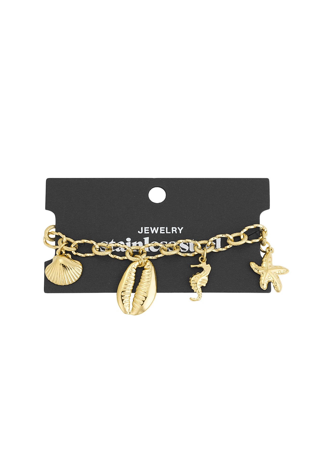 Gold stainless steel sea charm bracelet displayed on a black card with text 'Jewelry Stainless Steel'.