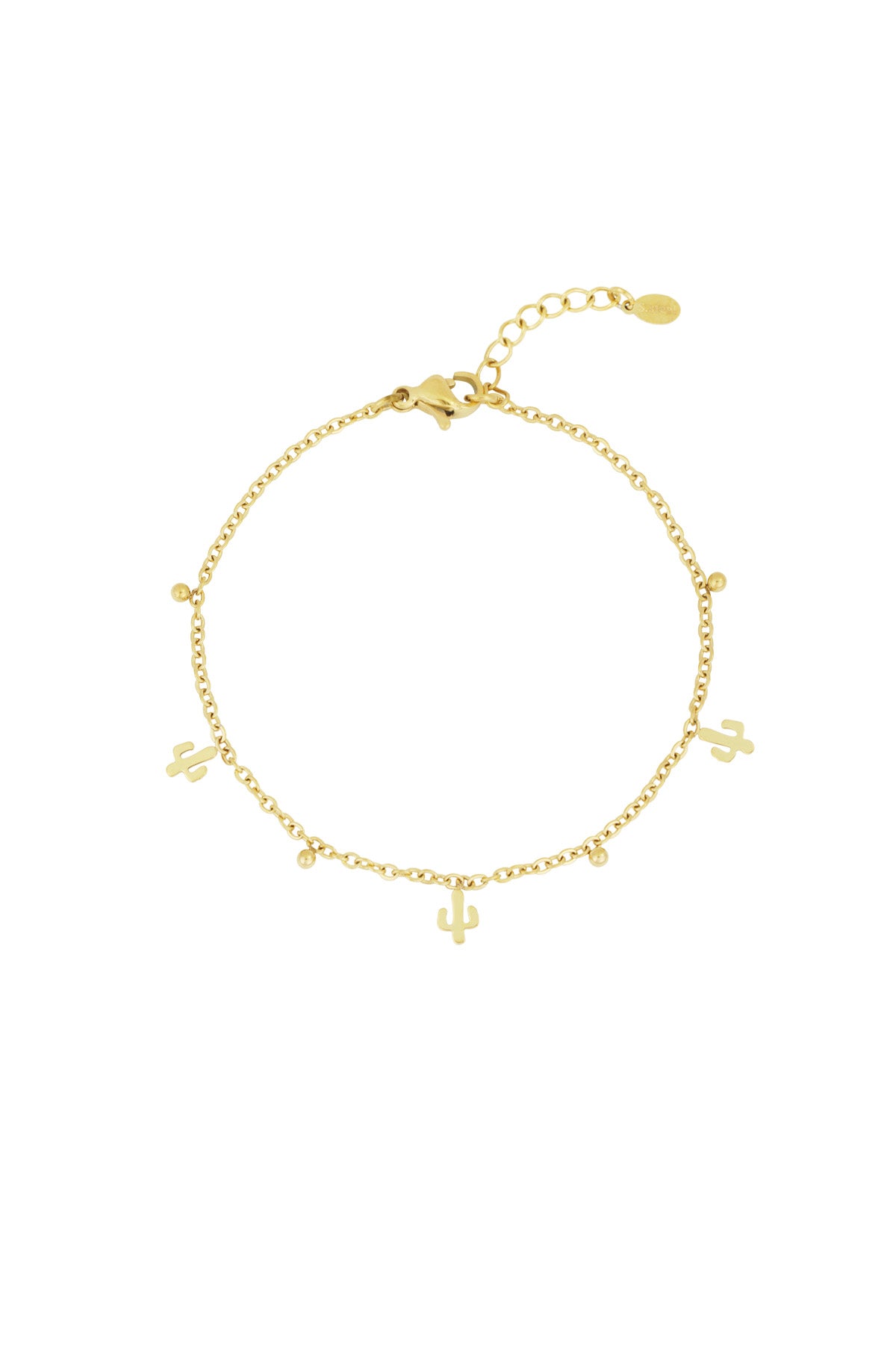 Gold cactus charm bracelet with small bead charms on adjustable chain
