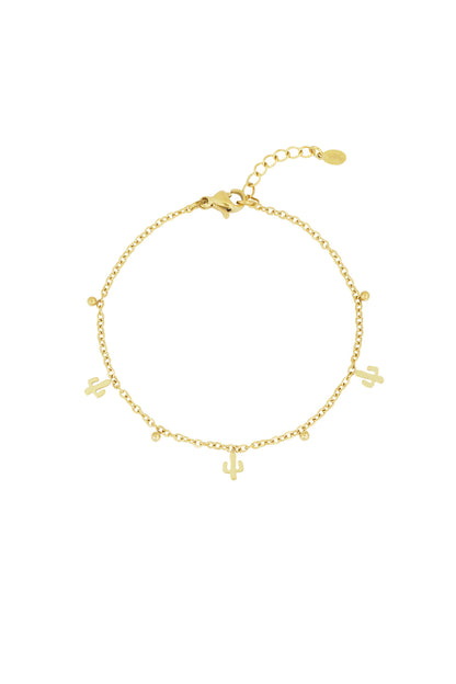 Gold cactus charm bracelet with small bead charms on adjustable chain