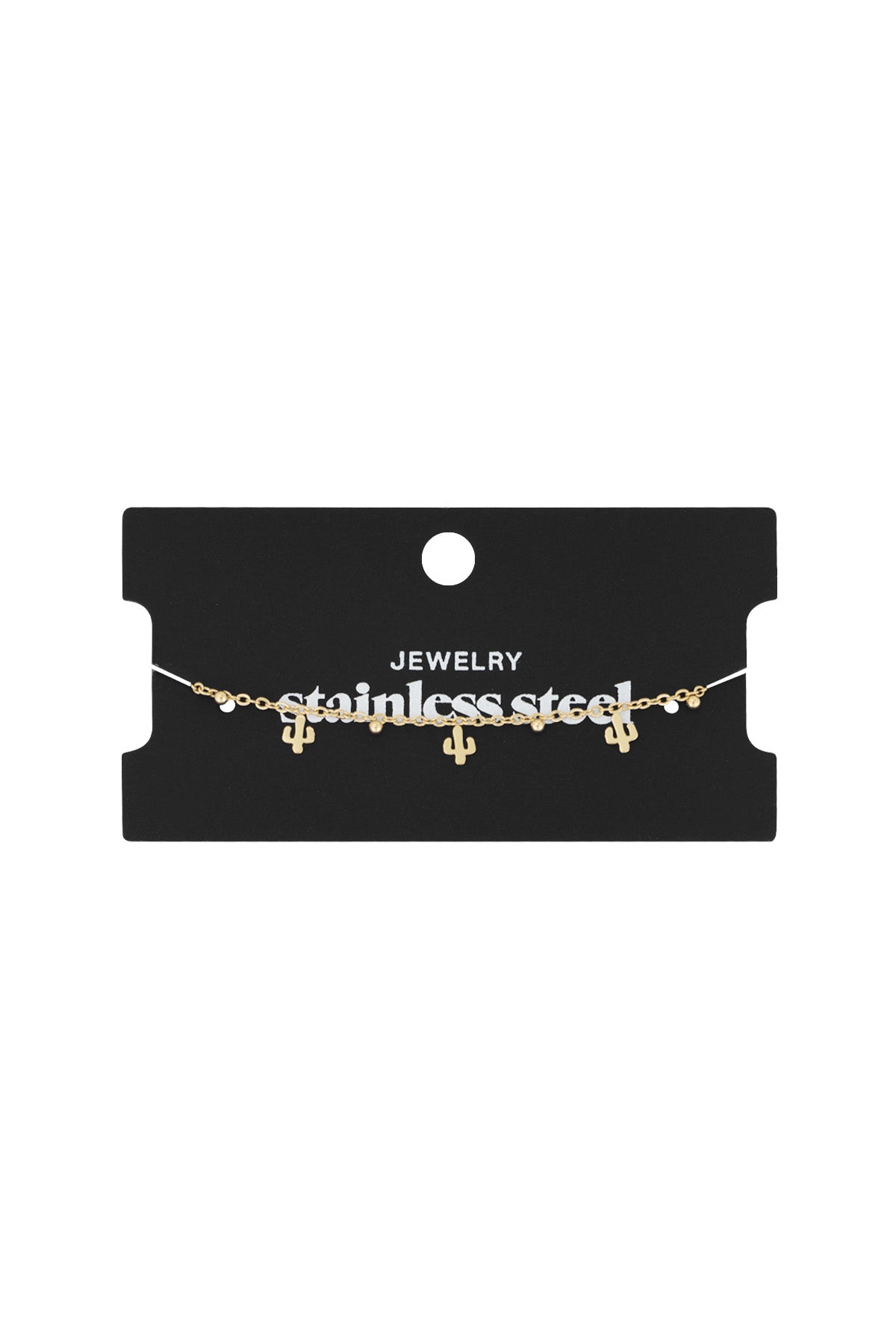Gold cactus charm bracelet displayed on black jewelry card labeled 'stainless steel'