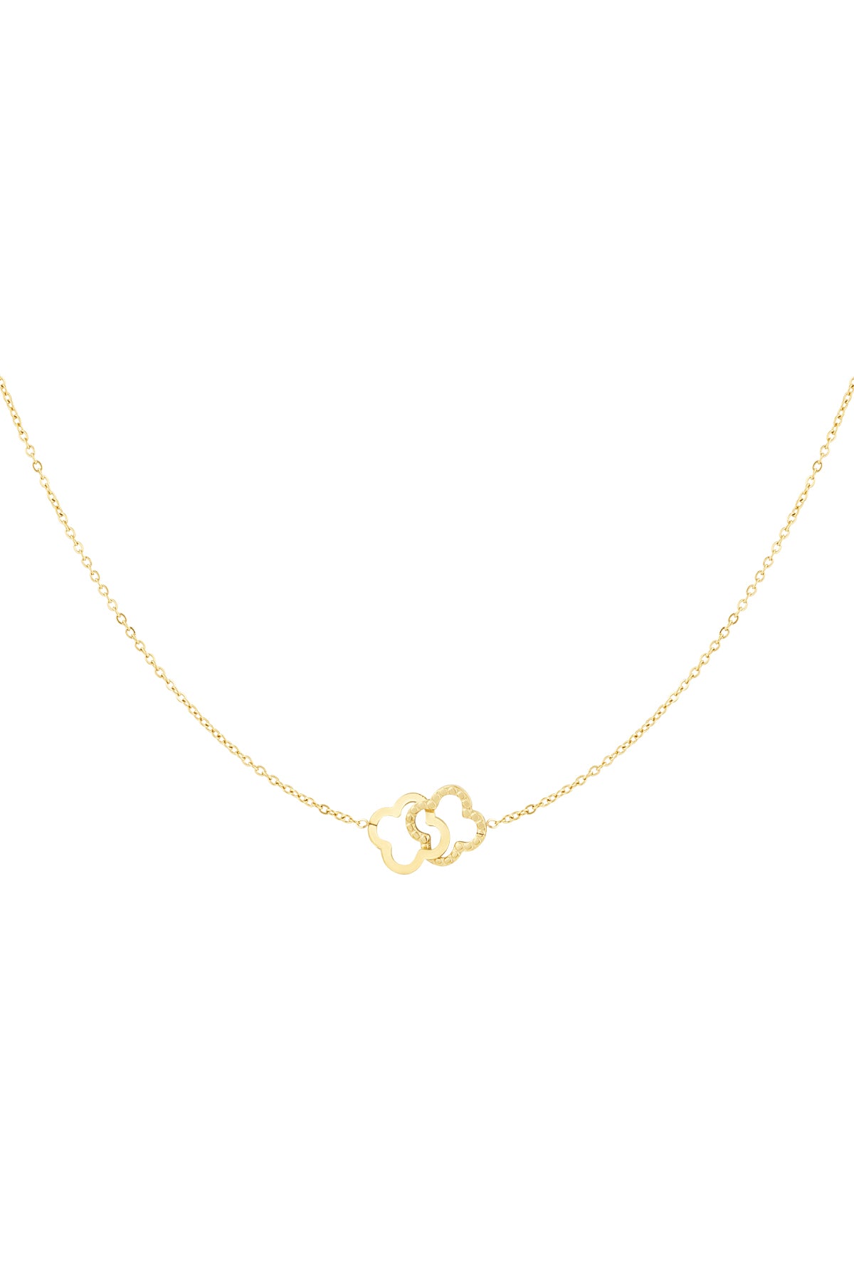 Gold interlinked clover pendant necklace on white background