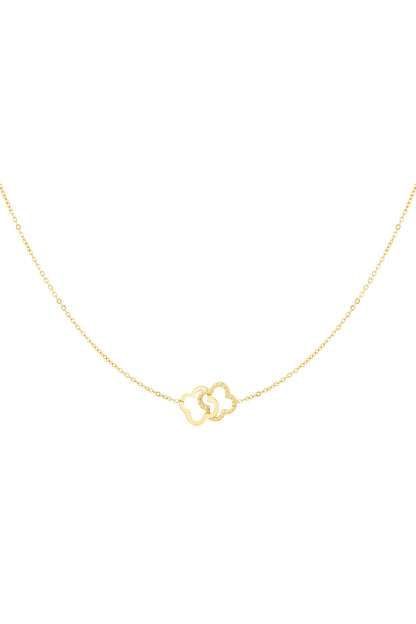 Gold interlinked clover pendant necklace on white background