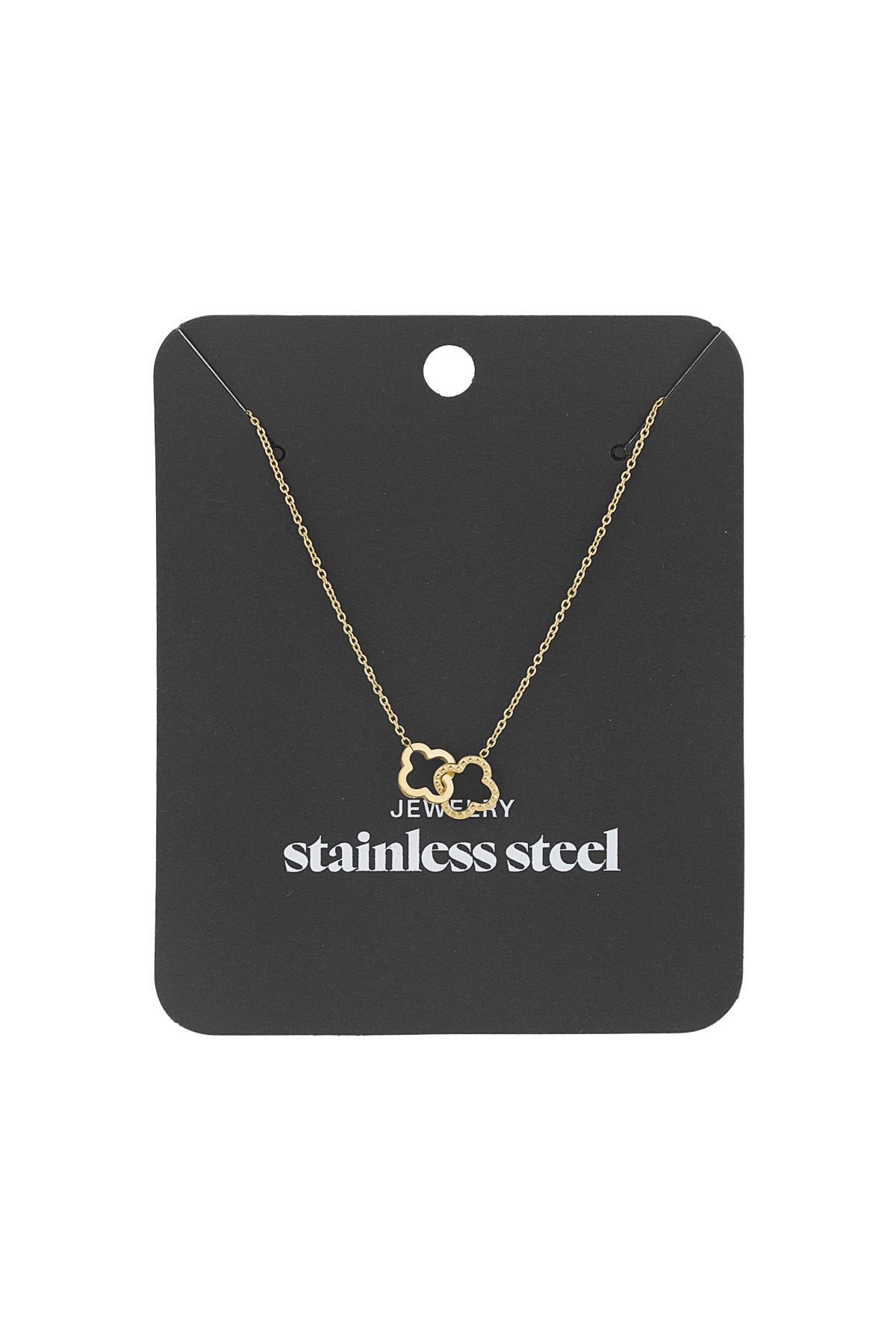 Gold interlinked clover pendant necklace displayed on black stainless steel jewellery card