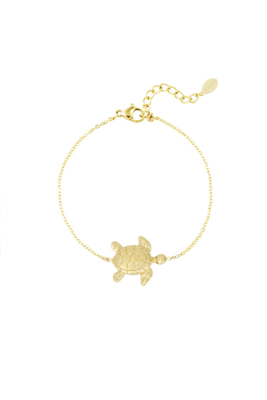Close-up of a delicate gold bracelet featuring a detailed turtle charm with an adjustable chain clasp