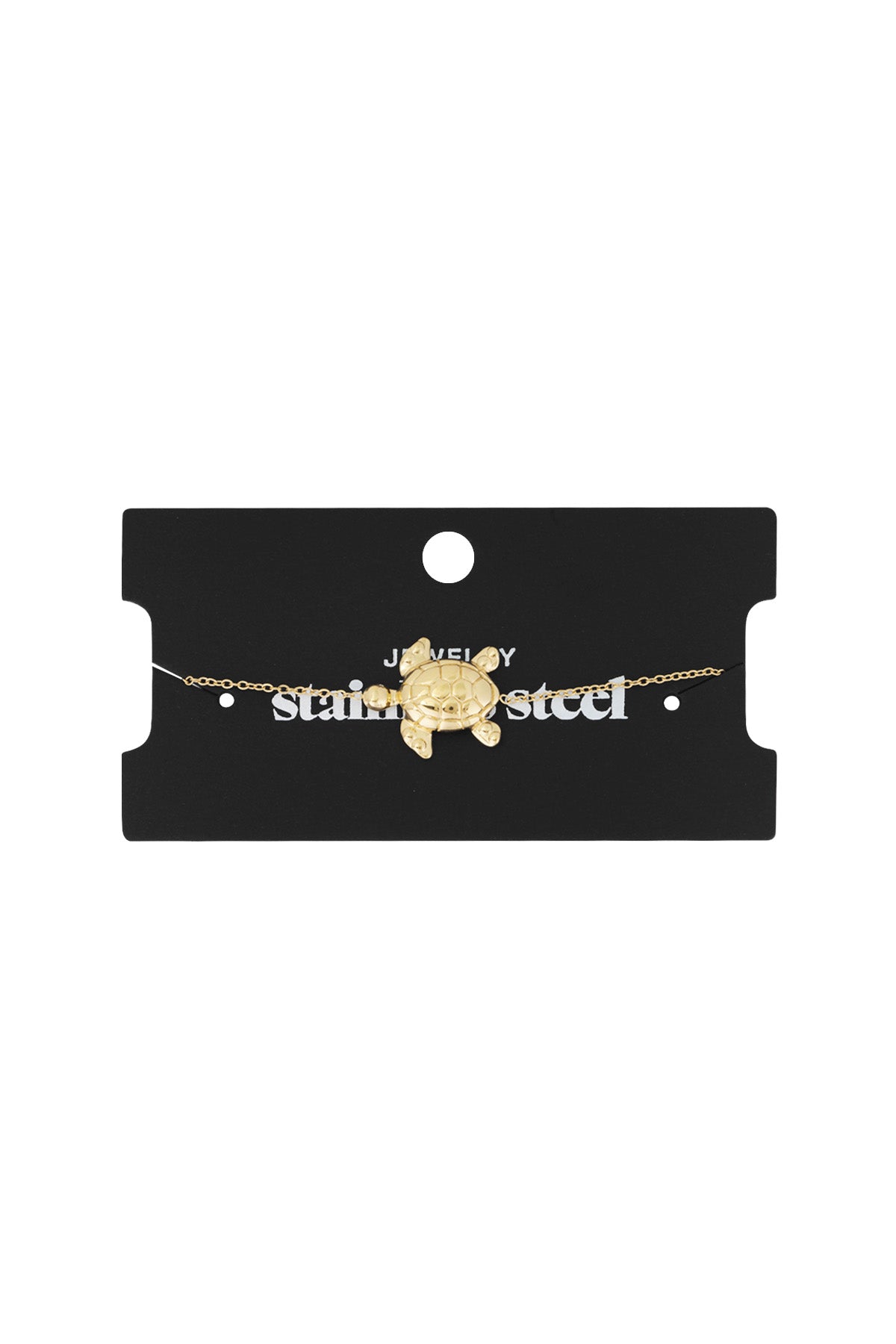 Gold turtle charm bracelet displayed on black card packaging labelled 'stainless steel jewellery'
