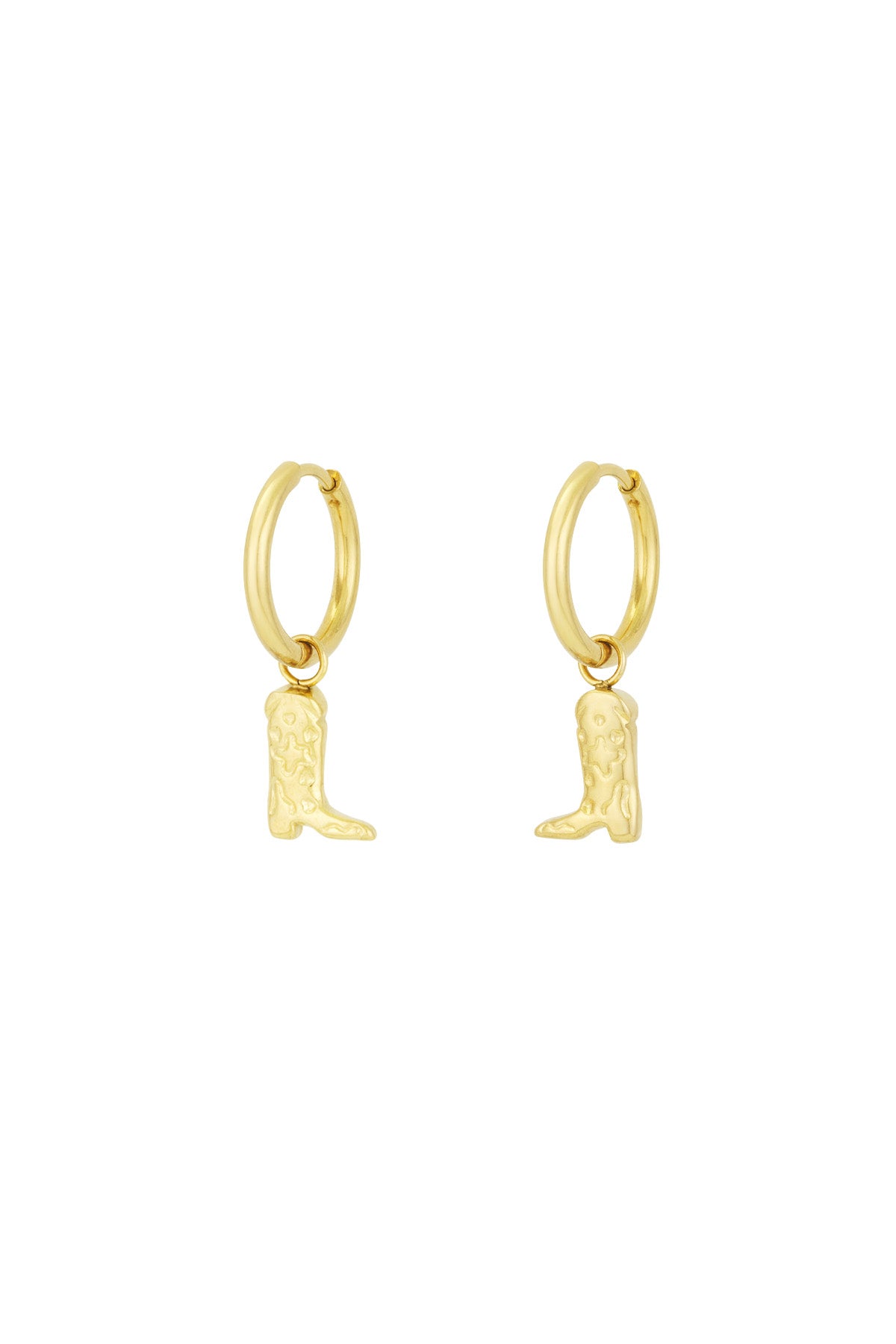 Pair of gold stainless steel cowgirl boot charm drop earrings on white background