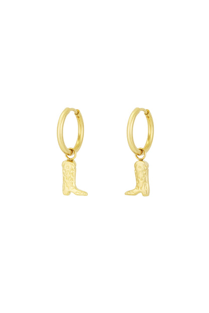 Pair of gold stainless steel cowgirl boot charm drop earrings on white background