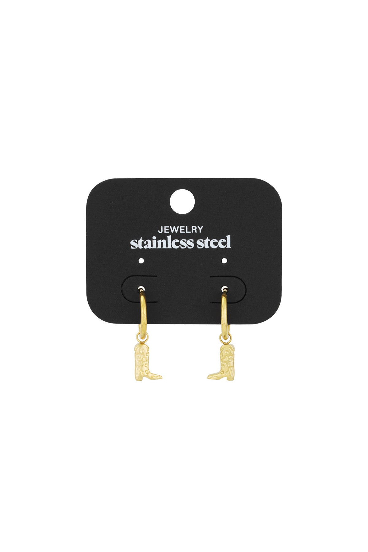 Gold stainless steel cowgirl boot charm earrings displayed on black branded jewelry card