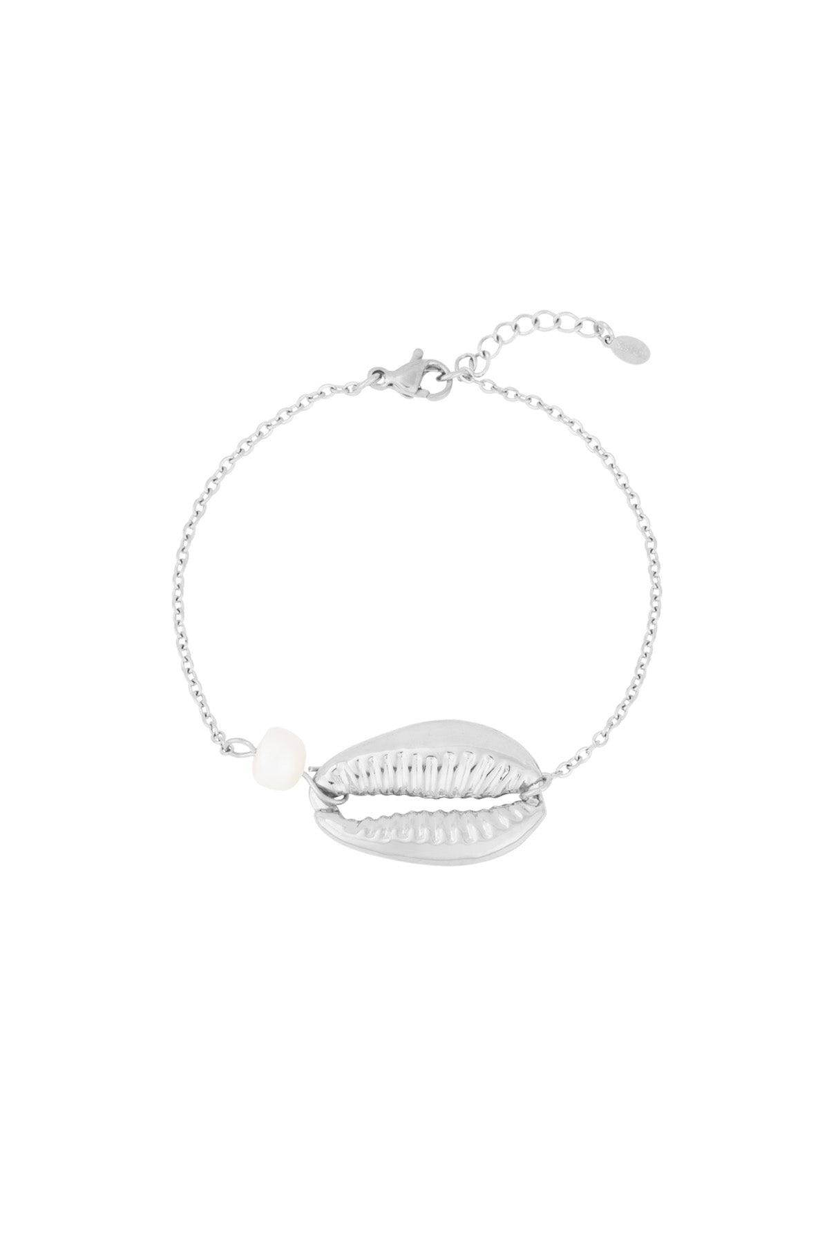 Silver-tone version of the shell charm bracelet with pearl detail on a white background