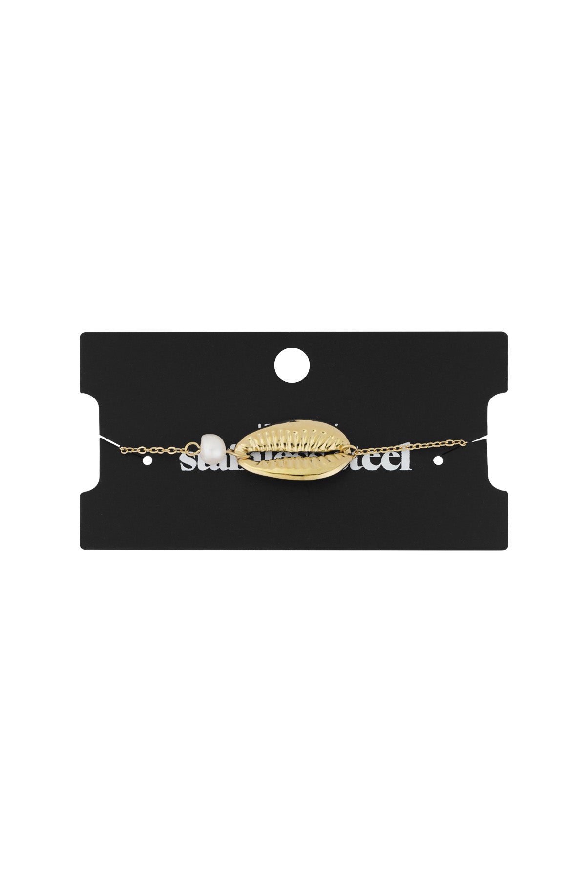 Gold shell charm bracelet displayed on black jewellery packaging card