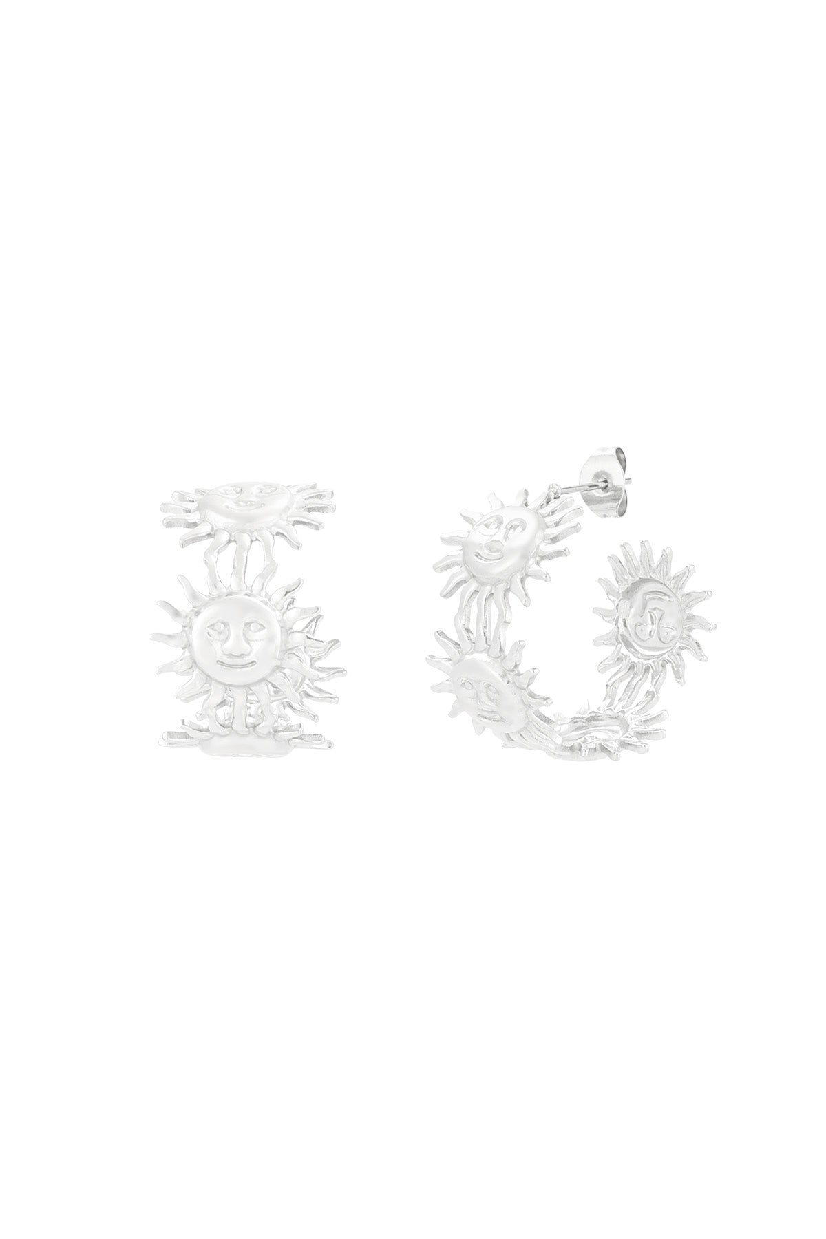 Silver-tone hoop earrings with playful sun face motifs displayed on white background