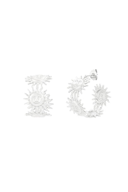 Silver-tone hoop earrings with playful sun face motifs displayed on white background